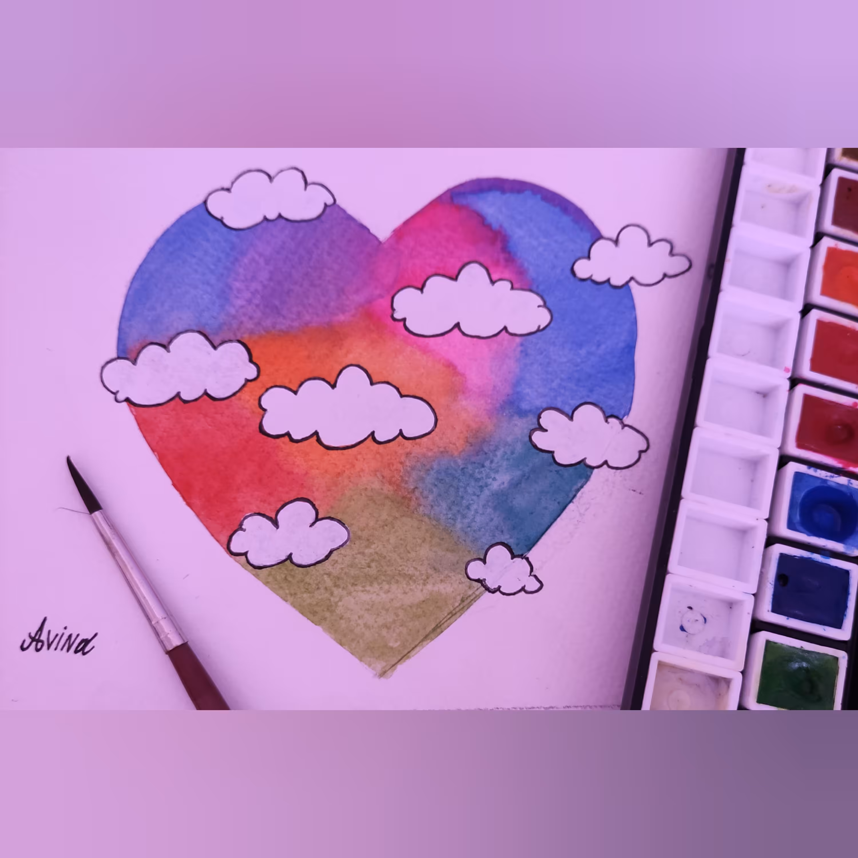 نقاشی آبرنگ فانتزی طرح قلب ، سایز  A5 