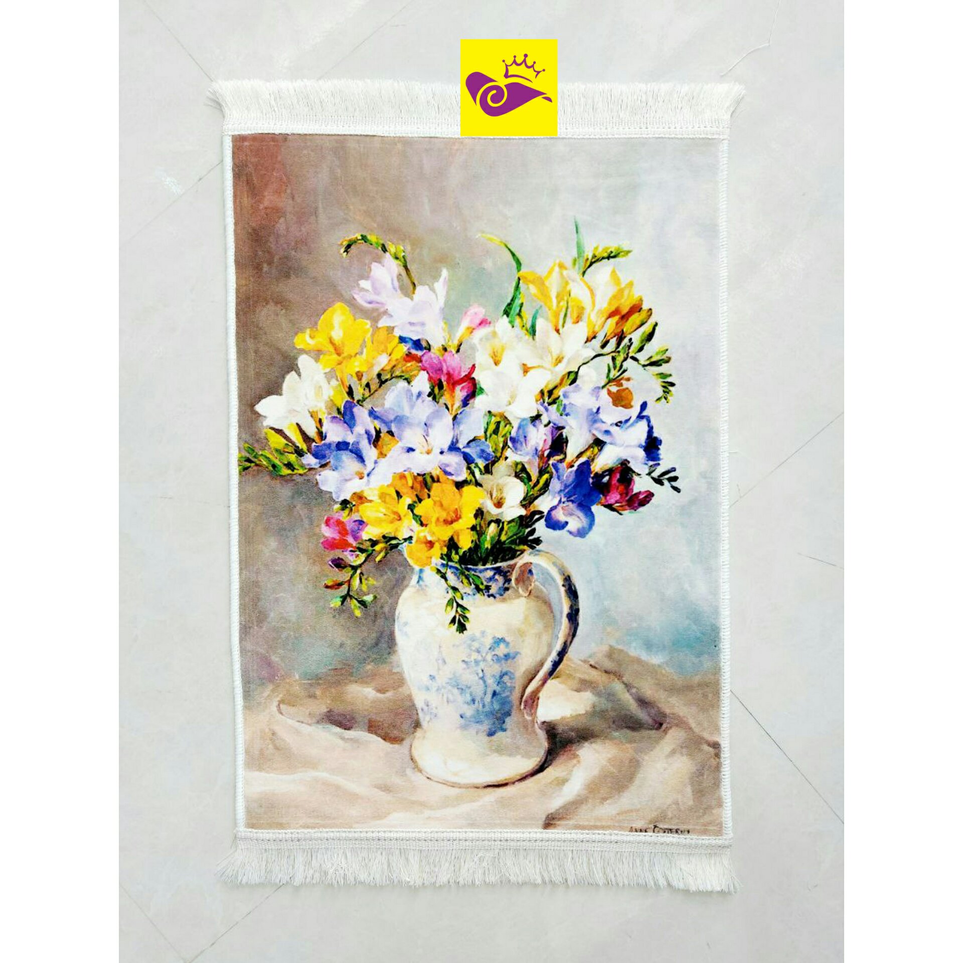 تابلوفرش طرح گلدانی سفید با گلهای رنگارنگ پنجاه درهفتادبدون قاب