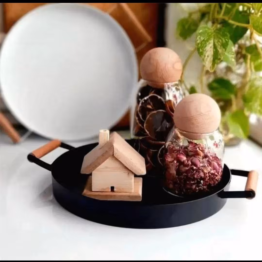 سینی سرو پلاس دسته چوبی رنگ کوره ای