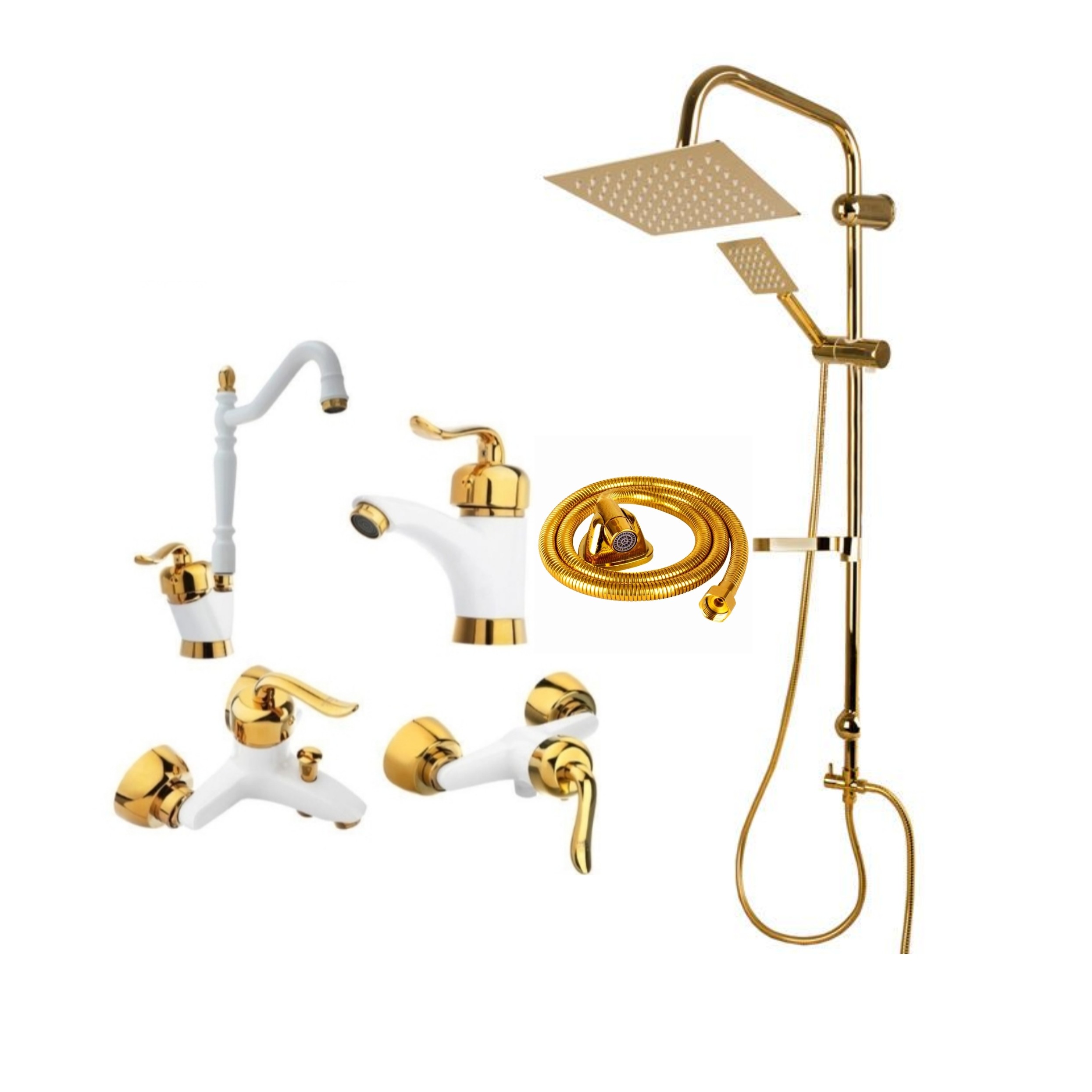 ست 6 تایی شیرآلات قاجاری سفید طلایی با علم دوش دوکاره و شیلنگ توالت (ارسال رایگان)