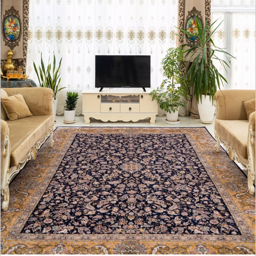 فرش  اکرلیک  9 متری 1200 شانه گلبرجسته طلاکوب طرح زربافت رنگ  سرمه ای کد M100