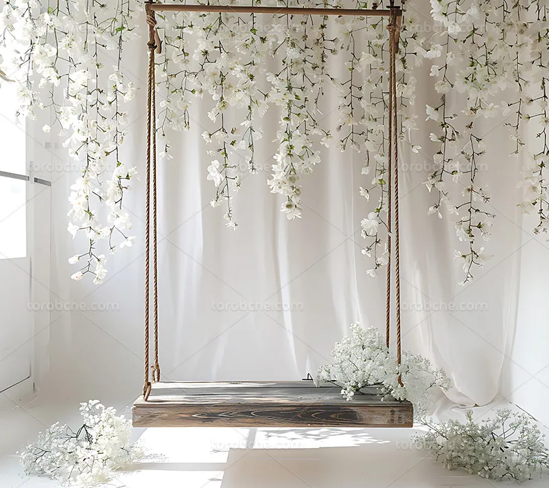 بک دراپ عکاسی جایگاه عروس با گل های سفید | گرافیک با طعم تربچه