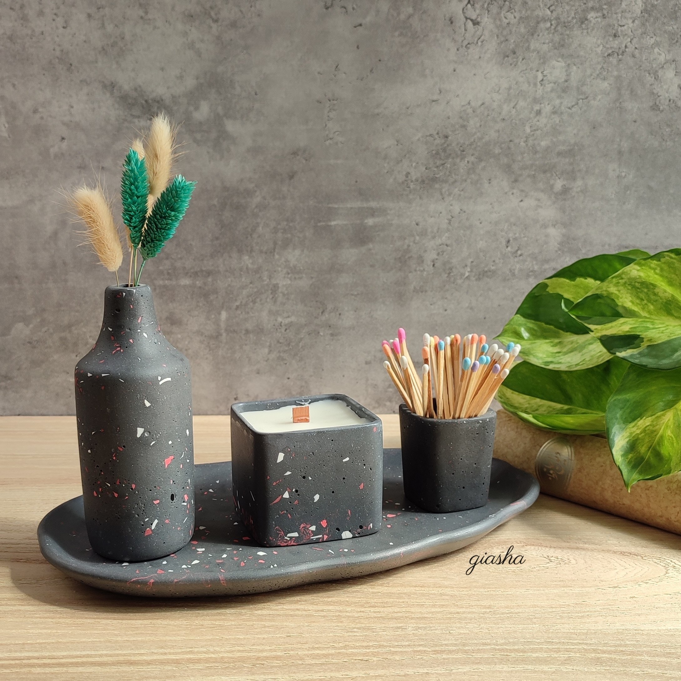 ست دکوری 4 تکه گیاشا طرح موزاییکی (مشکی)