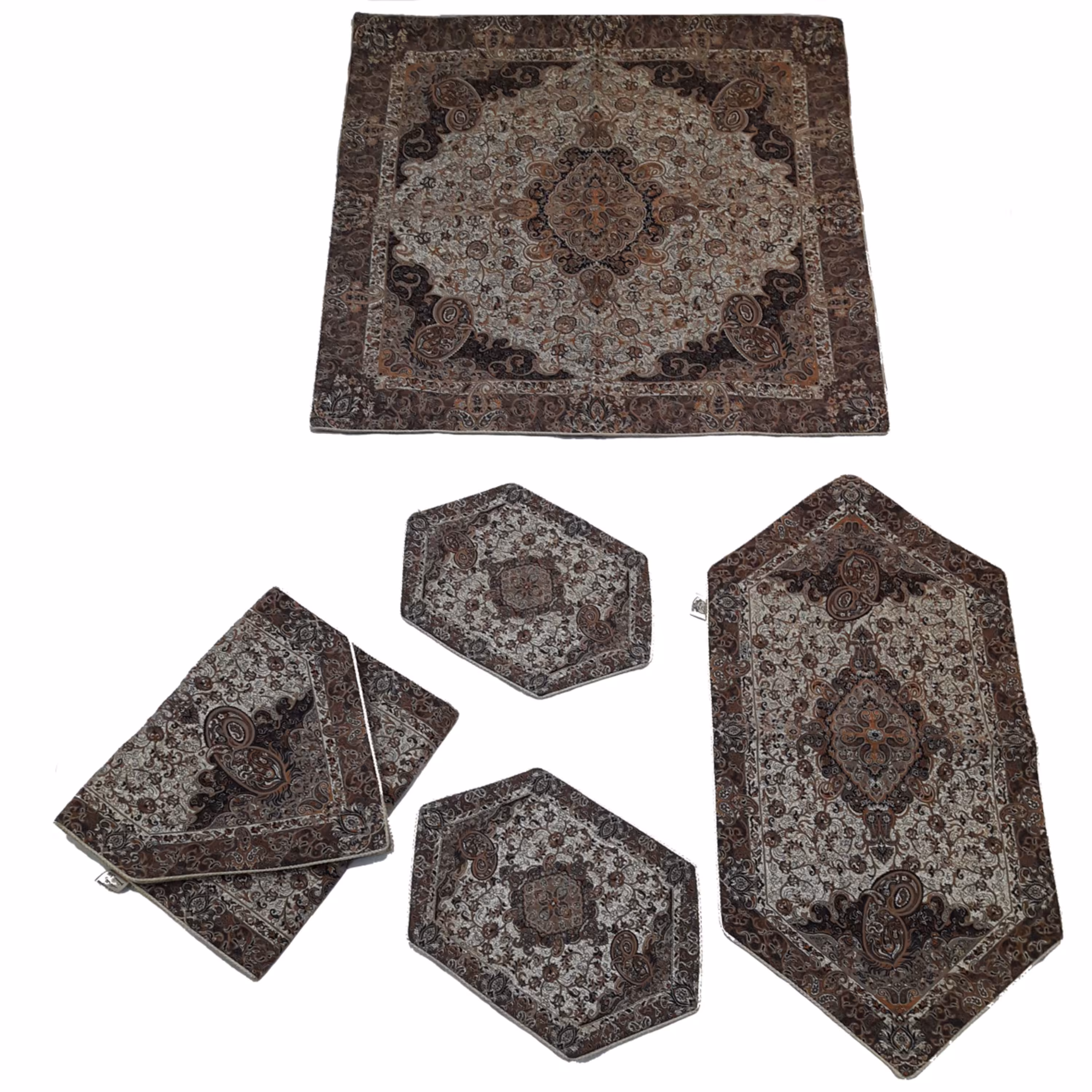 سرویس رومیزی 5 تکه ترمه گل افشان طلایی قهوه ای(کد 40008)