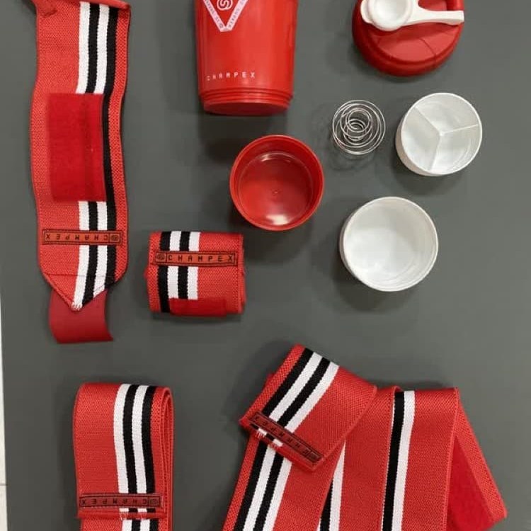 بسته 3 در 1 بدن سازی مچ بند زانو بند شیکر3 تیکه