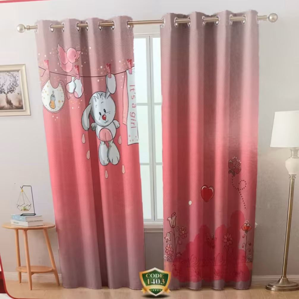 پرده اتاق کودک چاپی طرح خرگوش روی طناب صورتی (پس کرایه)