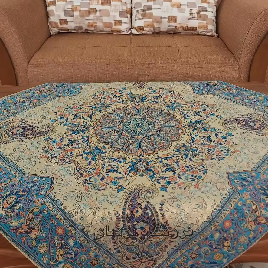 رومیزی ترمه افشاری رنگ کرم آبی با کیفیت عالی