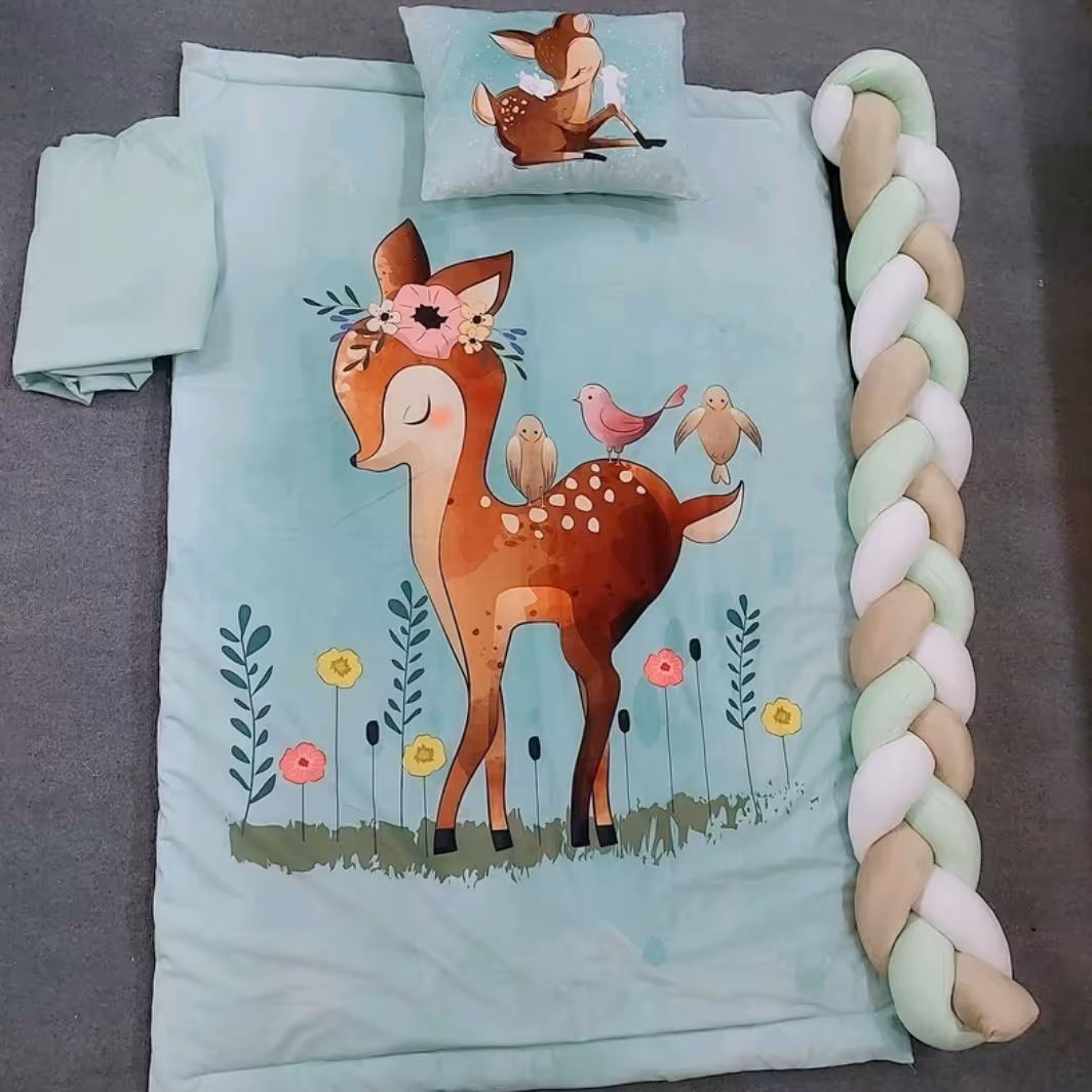 ست رو تختی نوزادی شامل لحاف بالشت و کاور تشک  بهمراه یکمترو نیم گاردگیس بافت تخت نوزاد