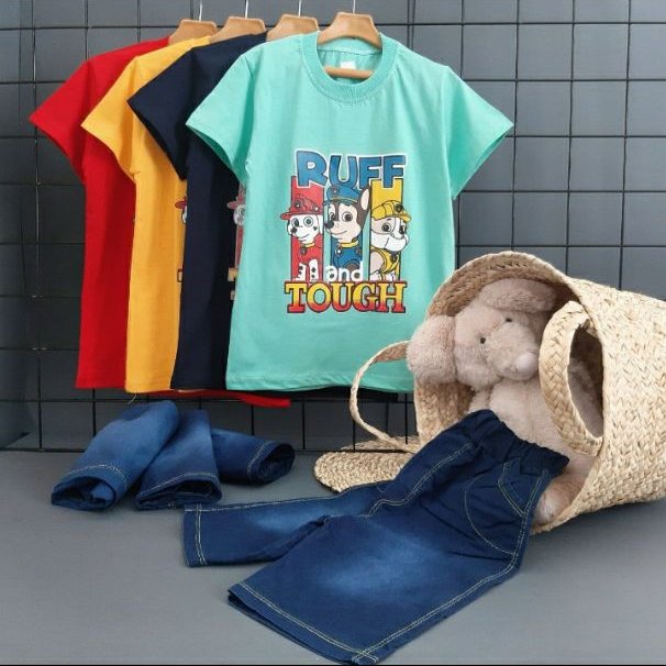 ست تیشرت و شلوارک لی بیرونی دخترانه و پسرانه 50 و 55 طرح سگ نگهبان 181n