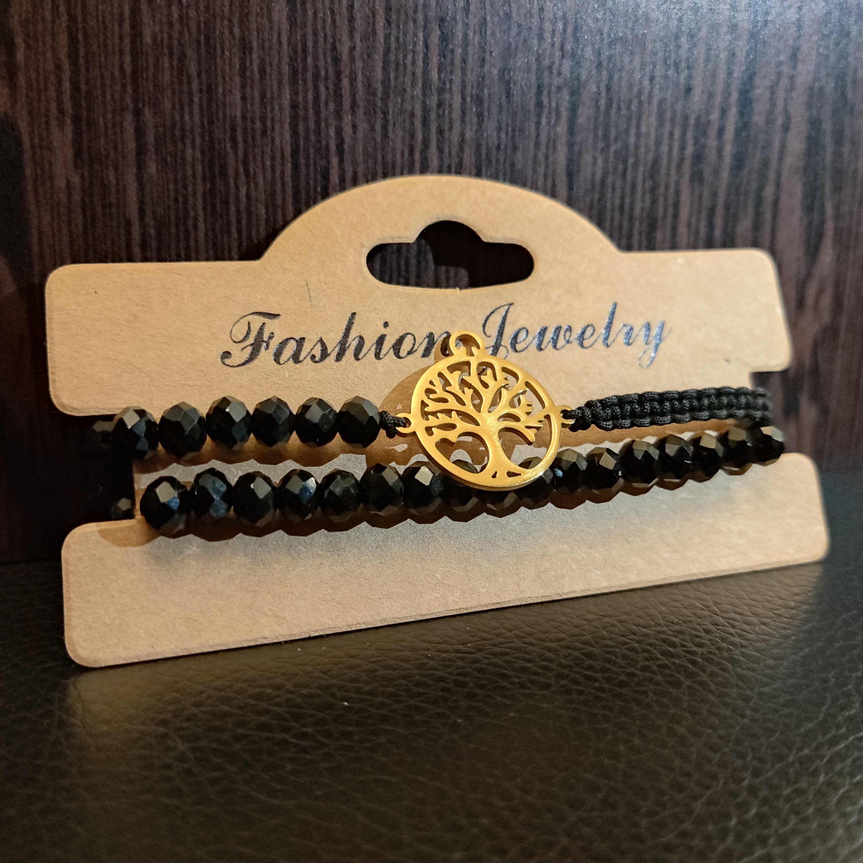 دستبند کریستال و بافت مشکی پلاک درخت