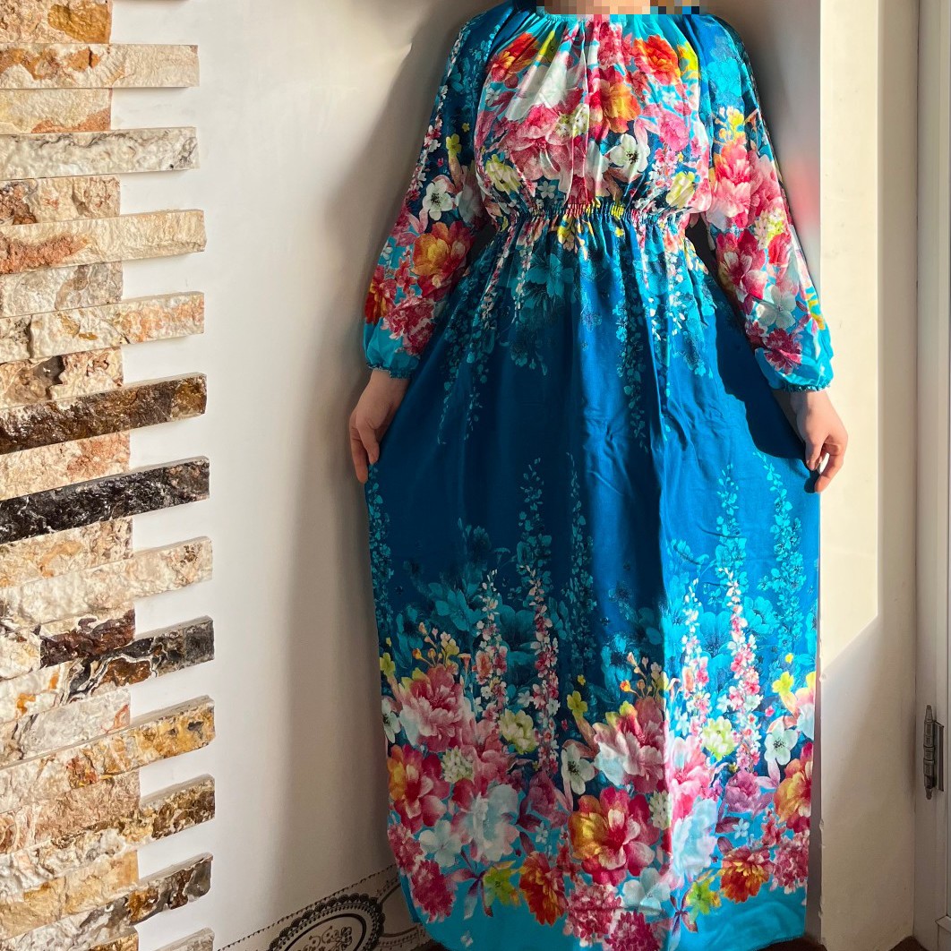 پیراهن ساحلی زنانه حاشیه گلدار نخی بلند و راحت لباس ماکسی آستین بلند