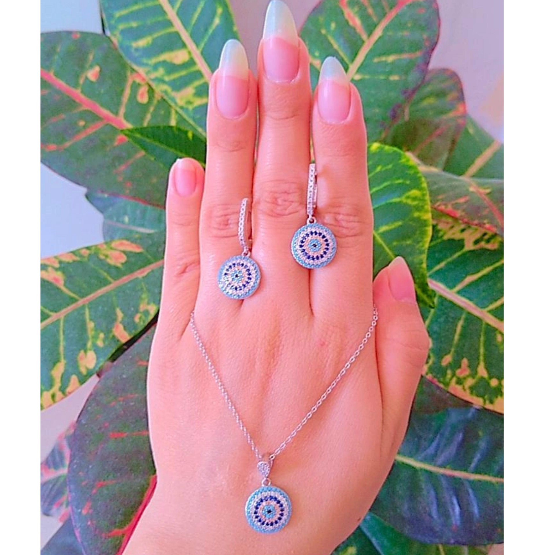 نیم ست نقره زنانه چشم نظر با عیار 925استاندارد و آبکاری طلا سفید