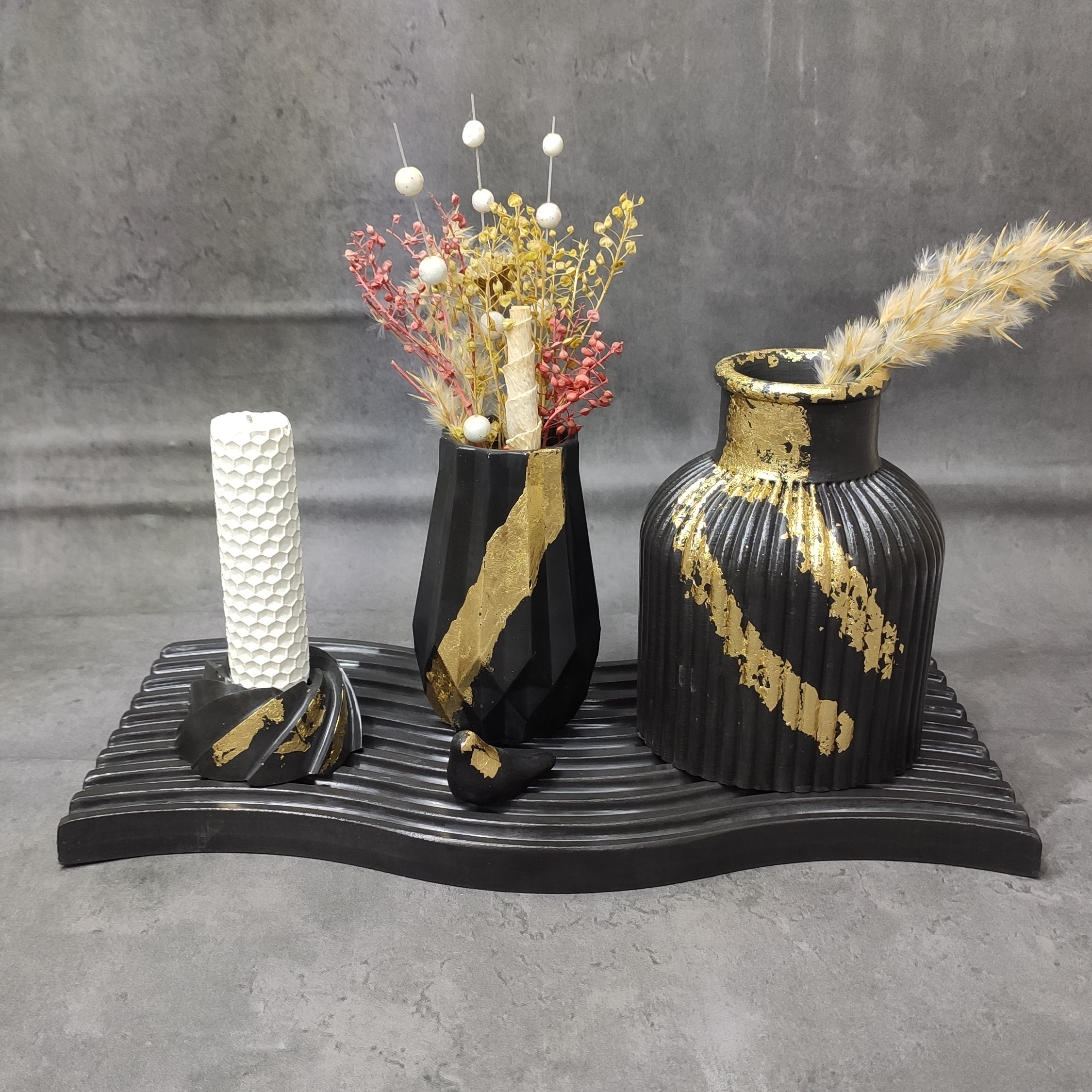 ست اکسسوری سنگ مصنوعی گلدان شیاردار  جا شمعی سینی موج