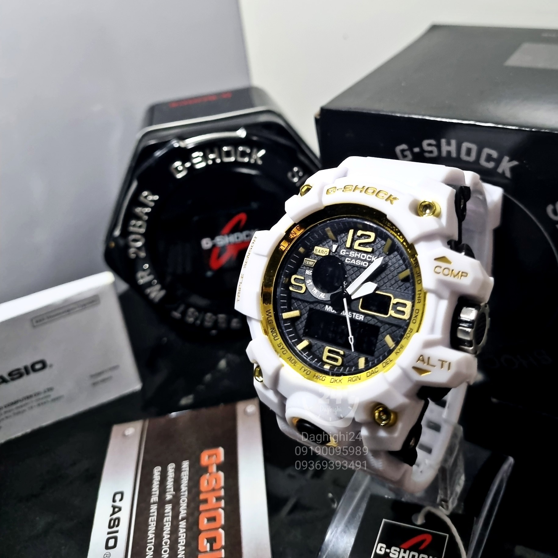 ساعت مچی جی شاک سفید دور طلایی (جیشاک G-Shock) دو موتوره (آنالوگ و دیجیتال) اسپرت 