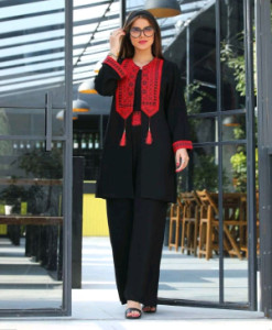 مانتو شلوار زنانه ابروبادی مدل ترمه کمربنددار