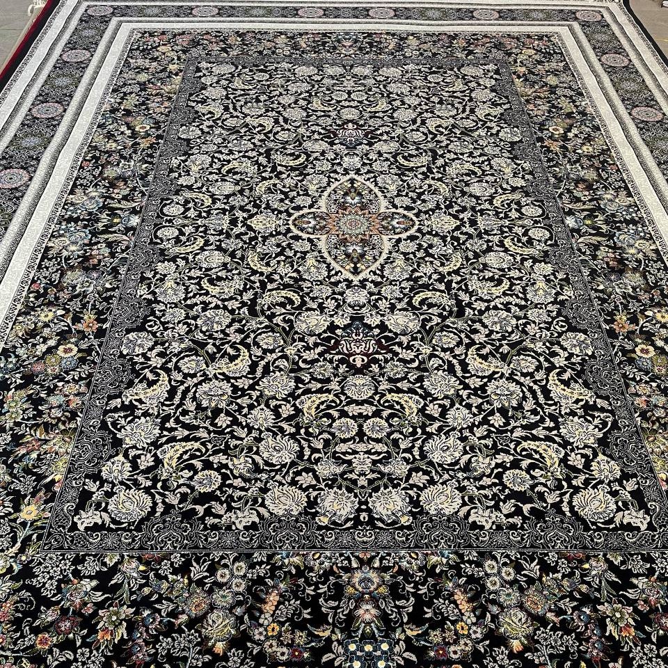 فرش 700 شانه تراکم 2550 نمره نخ 21 طرح پریوش سرمه ای 10 سال ضمانت در همه ابعاد
