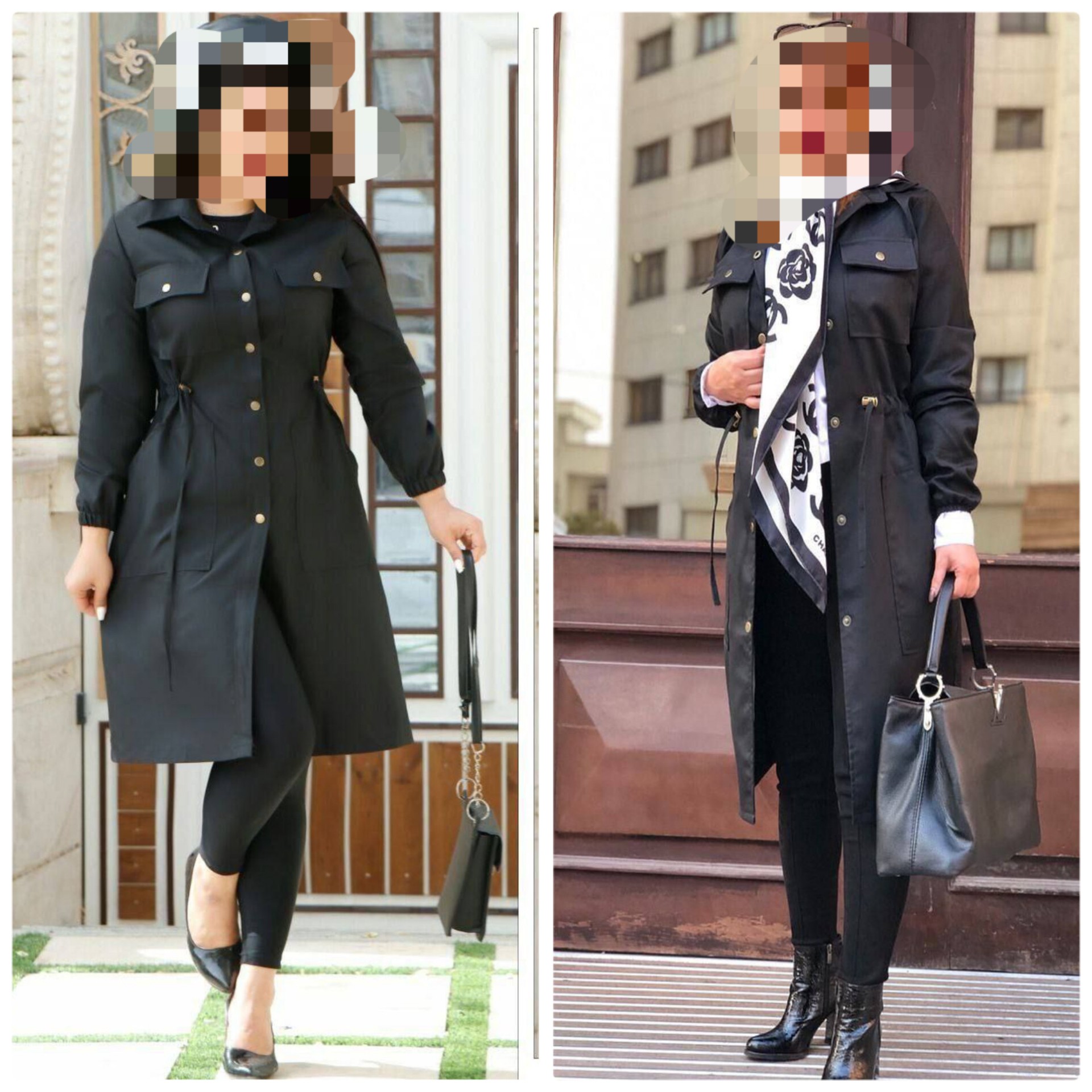 مانتو زنانه جنس پرشیا مکانیک رنگ مشکی و توسی و سورمه ای در سه سایز.دکمه خور.کمرگتدار