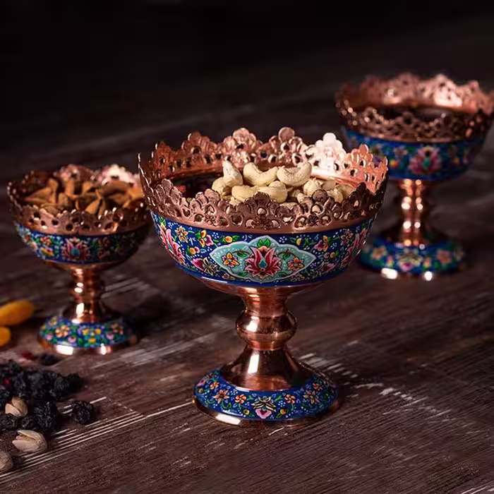 کاسه آجیل خوری مس و پرداز 20 کاسه پایه دار(نقاشی) میوه خوری و گز خوری و شکلات خوری قلم زنی 