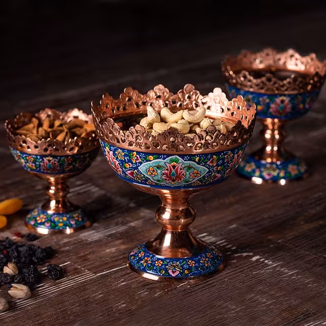 کاسه آجیل خوری مس و پرداز 20 کاسه پایه دار(نقاشی) میوه خوری و گز خوری و شکلات خوری قلم زنی 