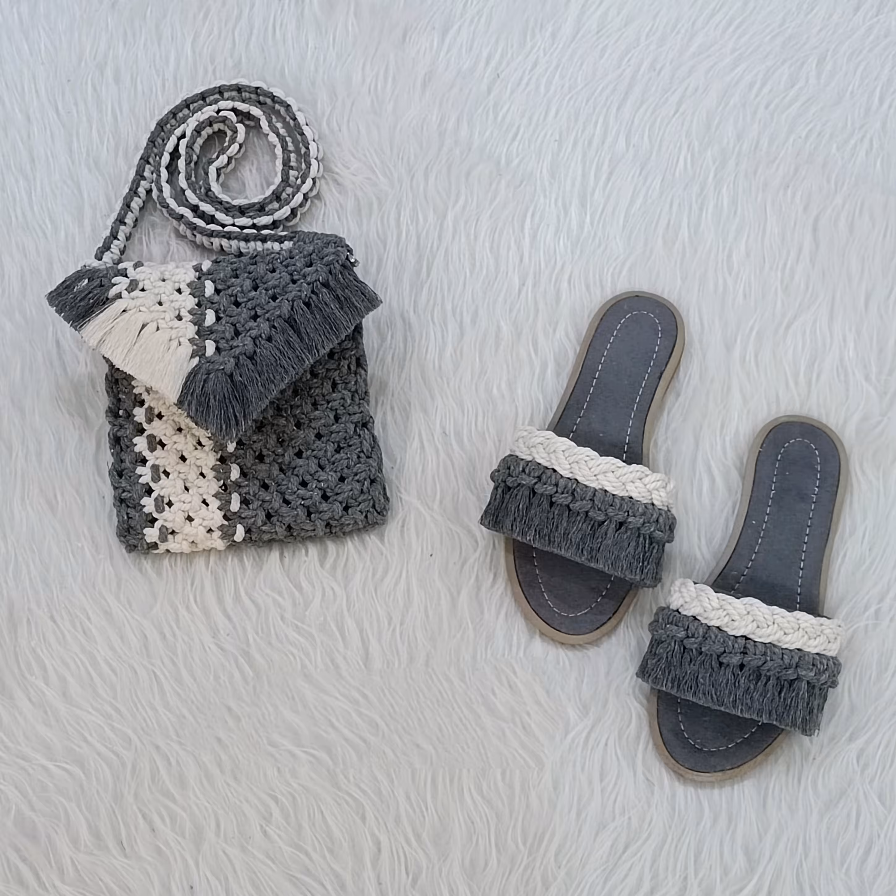 ست مکرومه بافی طوسی سفید 