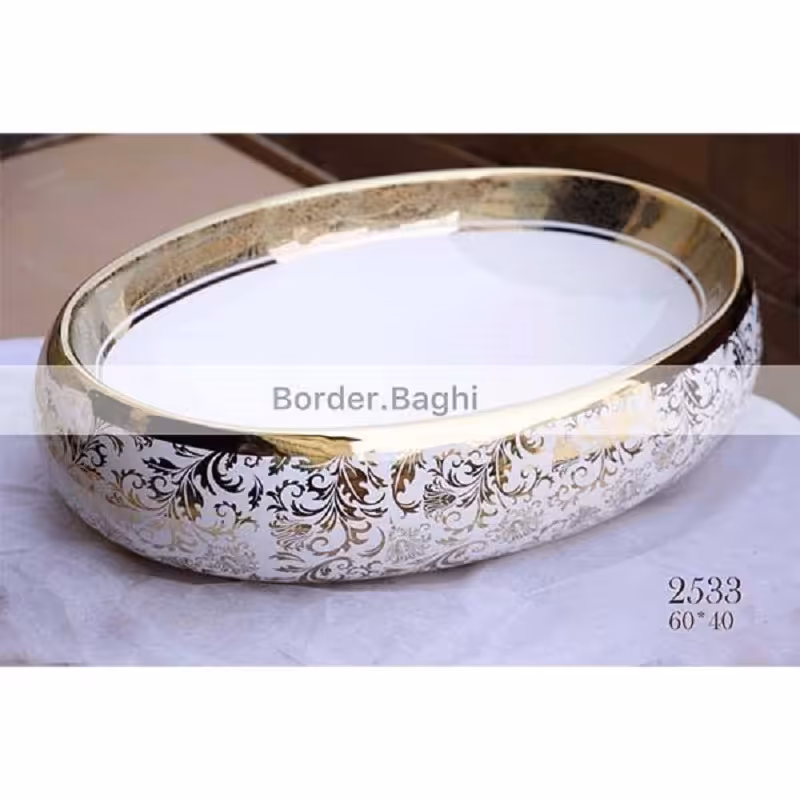 کاسه روشویی مدل بیضی سفید طلایی گل دار