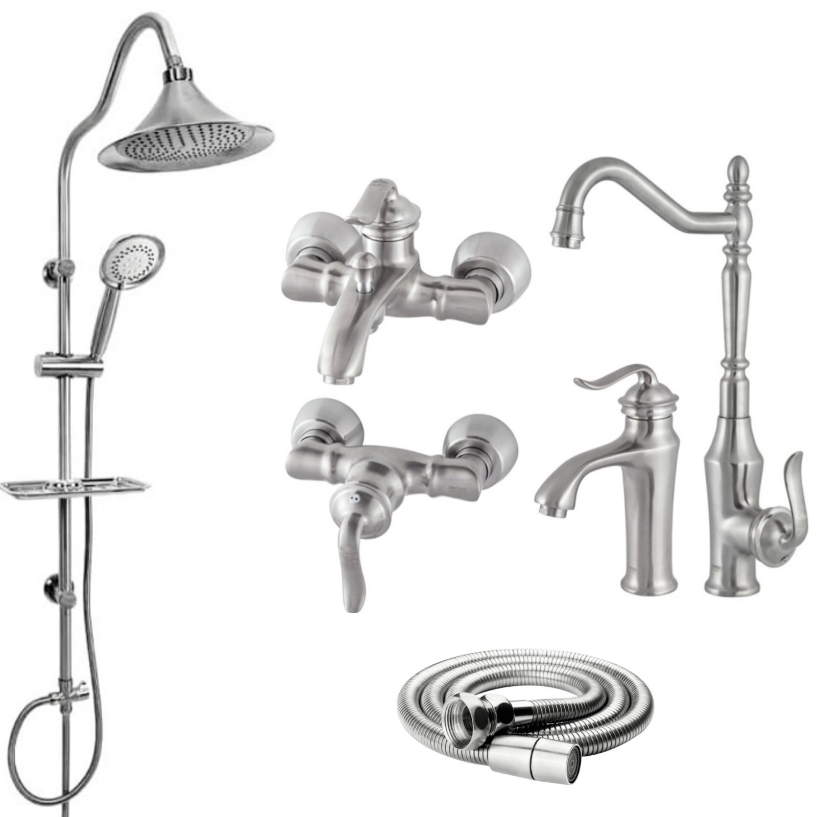 ست شیرآلات رز مدل آرنیکا کروم مات مجموعه 6 عددی به همراه علم دوش شیپوری و شلنگ سرویس بهداشتی 