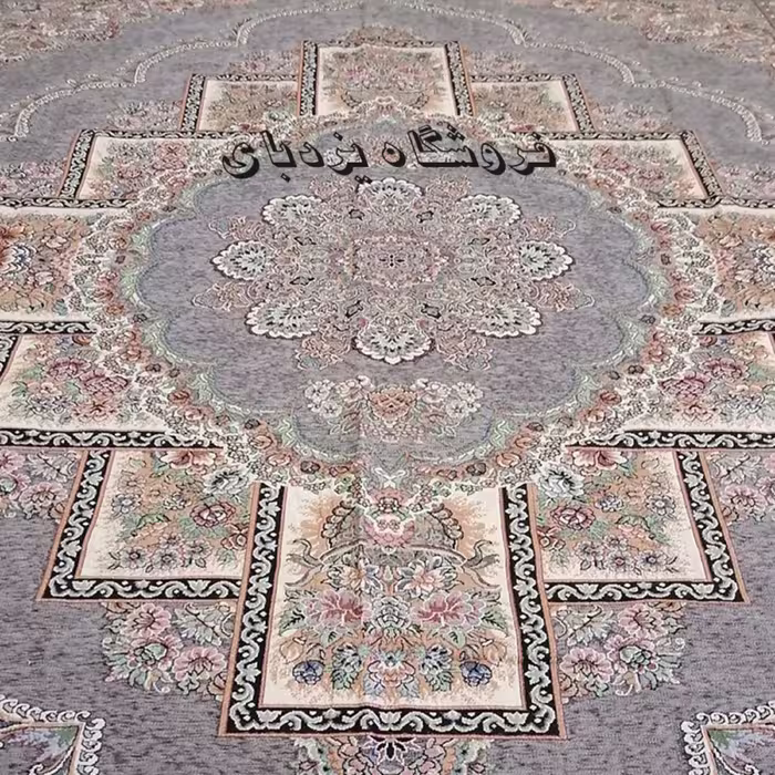 روفرشی 6 متری مخمل زرکدار طوسی طرح زیبای حوض نقره