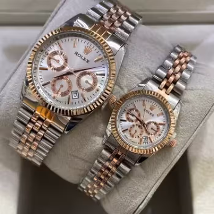 ست ساعت رولکس بنداستیل دورنگ رزگلد طرح سه موتوره