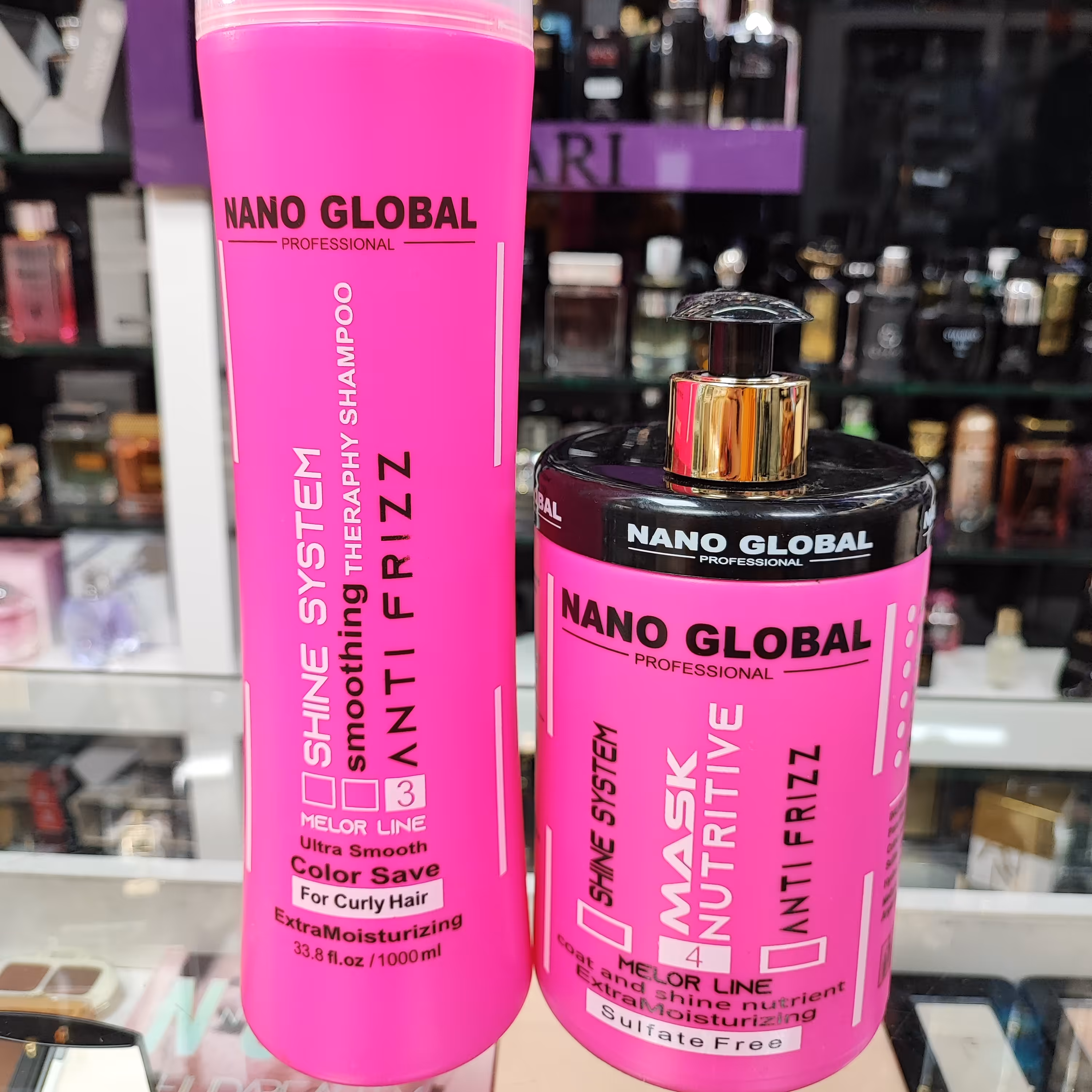 پک شامپو و ماسک بدون سولفات نانو گلوبال رنگ صورتی مناسب موهای فر 1000میل