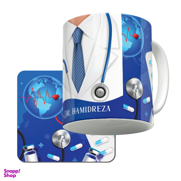 ماگ لاژید مدل اسم حمیدرضا طرح پزشک کد DR به همراه زیرلیوانی