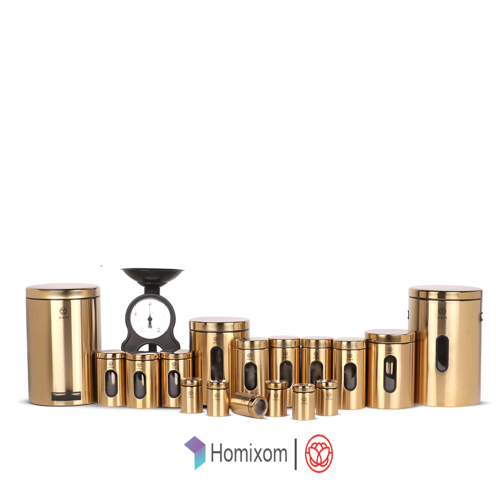 سرویس آشپزخانه اورانوس 18 پارچه مدل استوانه ای استیل طلایی با درب طلایی