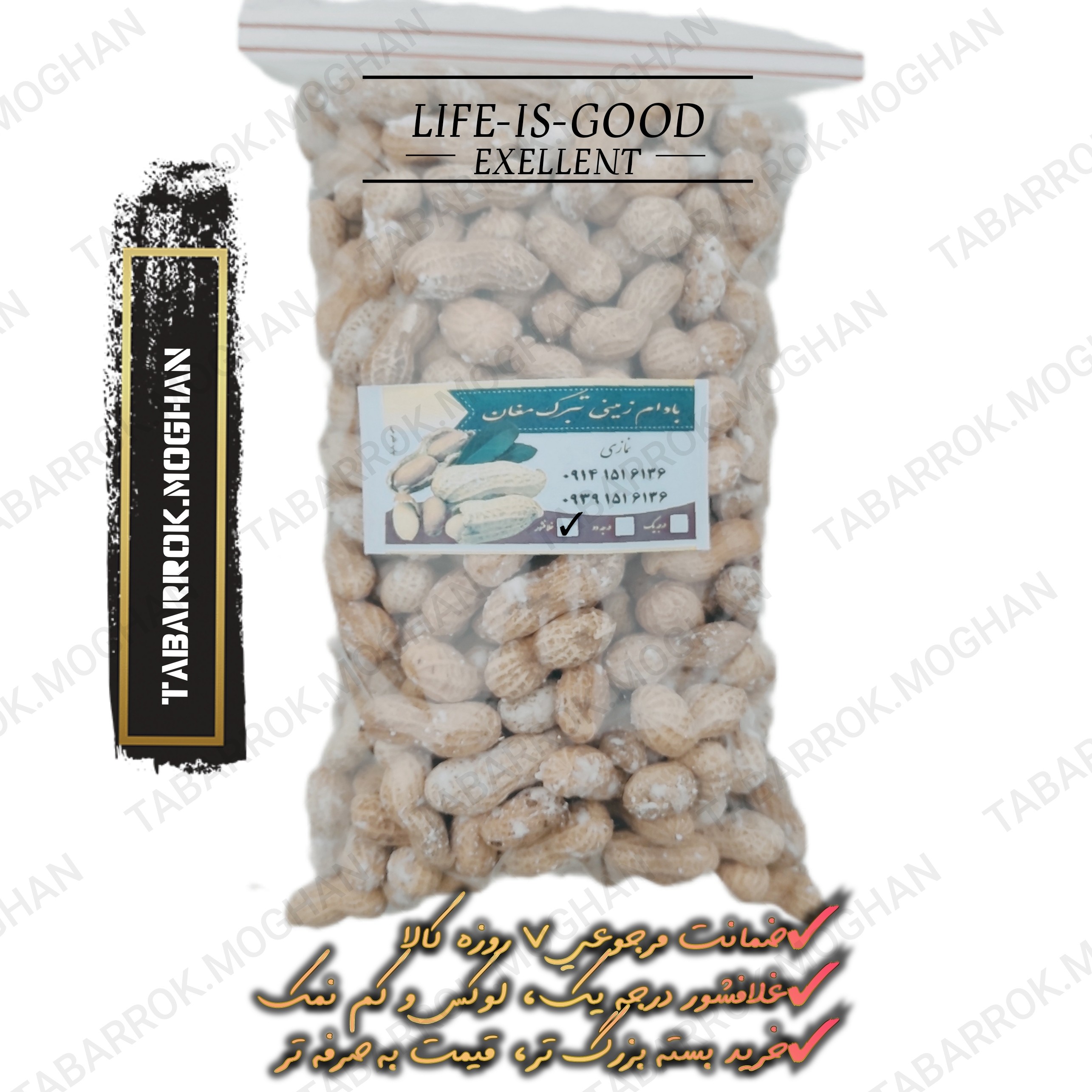 بادام زمینی غلاف شور کم نمک تبرک مغان لوکس و درجه یک 3 کیلویی غلافشور  بادام شور
