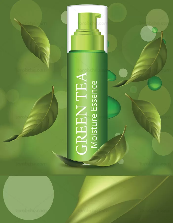 وکتور طرح لایه باز تبلیغاتی کرم مرطوب کننده چای سبز - گرافیک با طعم تربچه