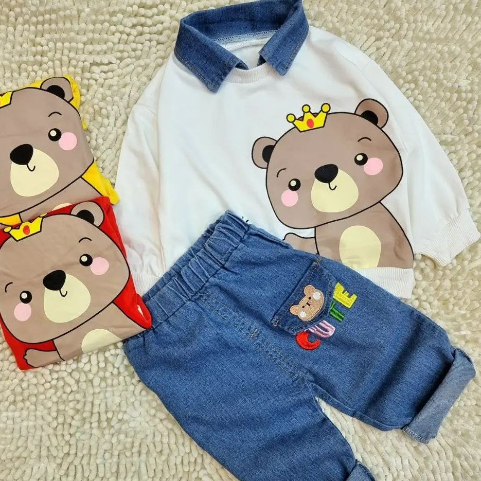 ست دو تیکه بلوز دوروس و شلوار جین اعلا  رنگ قرمز سایز 8 