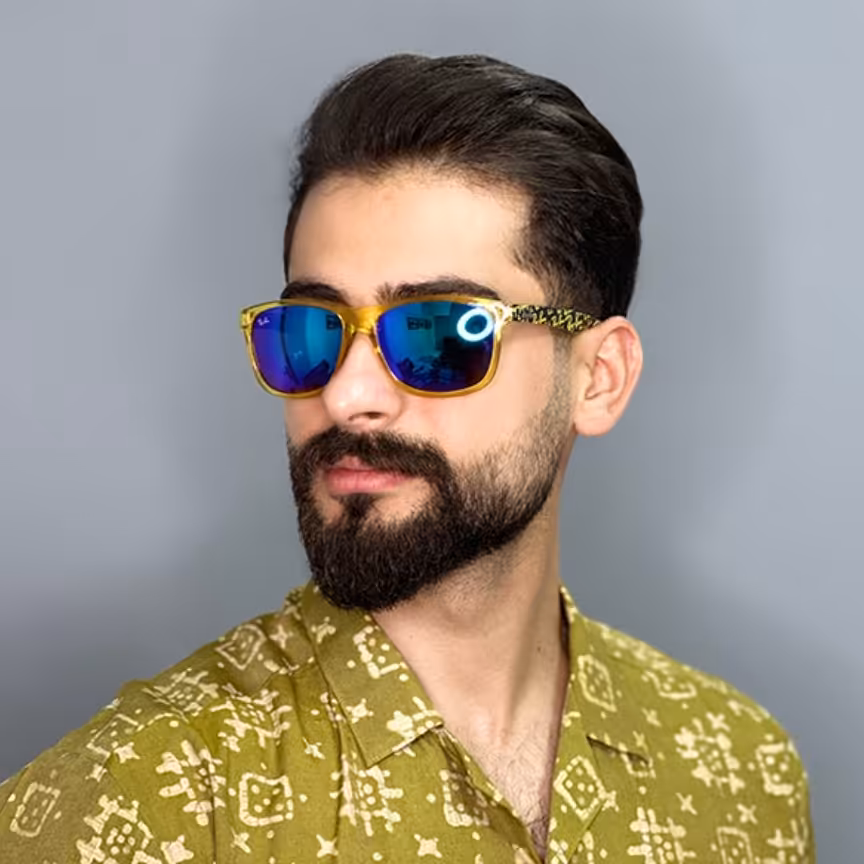 عینک آفتابی مردانه اورجینال زرد آبی برند ری بن مستطیلی uv4000

