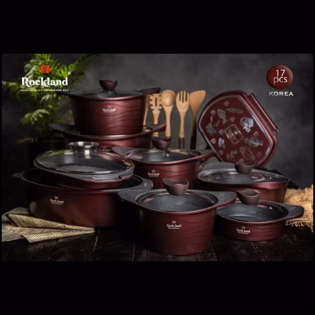 سرویس قابلمه چدن گرانیت 17 پارچه برند راکلند مدل موجی رنگ زرشکی 