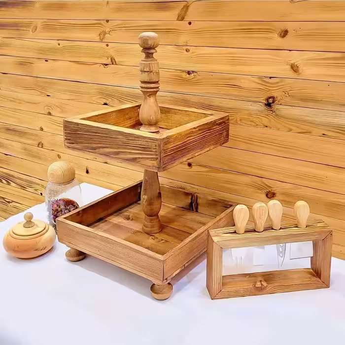 استند دوطبقه نظم دهنده آشپزخانه چوبی چوب زیبای روس رنگ قهوه ای