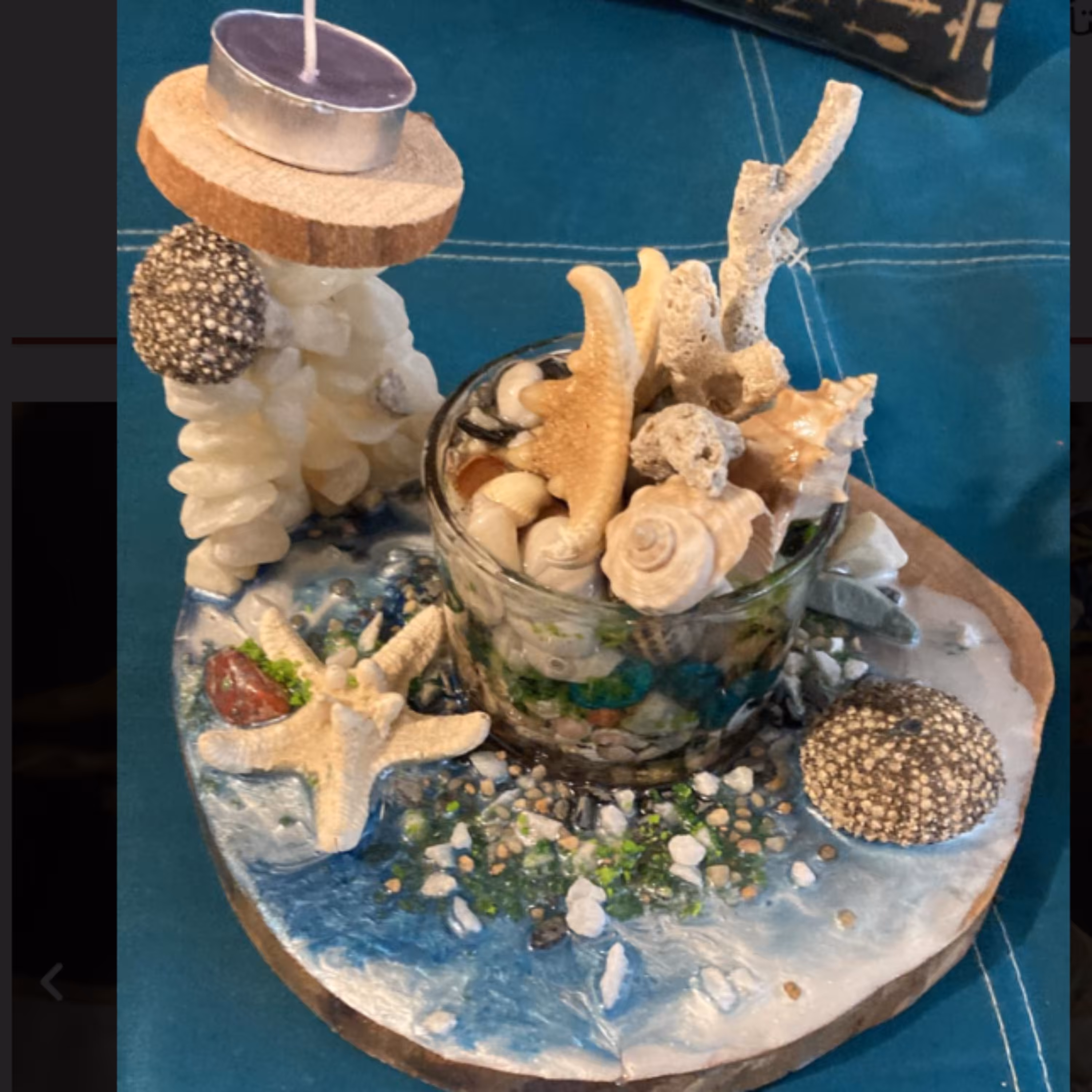 دکوری رزین.اسلایس ساده به طرح دریا همراه با صدف های تویتا و ابالون و ستاره دریا.