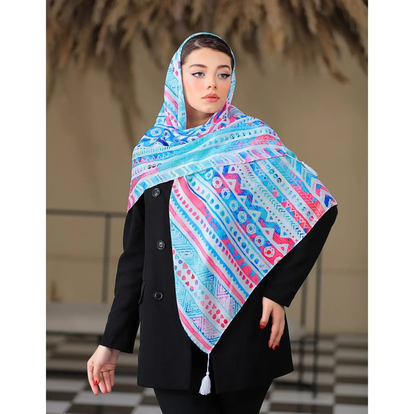 روسری نخی در جه یک قواره 140 سانتی متر دور دوخت منگوله دار کد 69