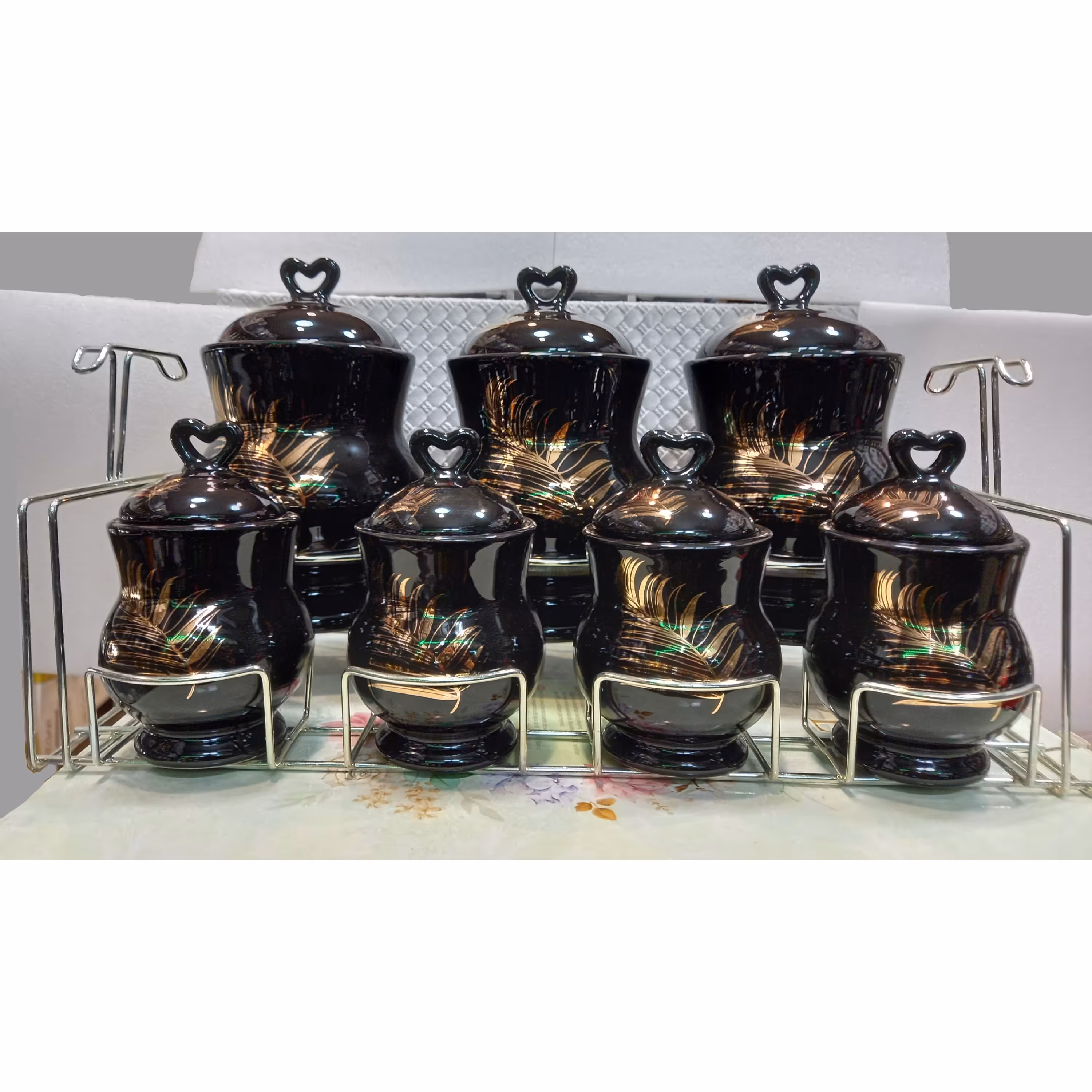 سرویس پا سماوری 8 پارچه با استند (مشکی پر طلایی) 