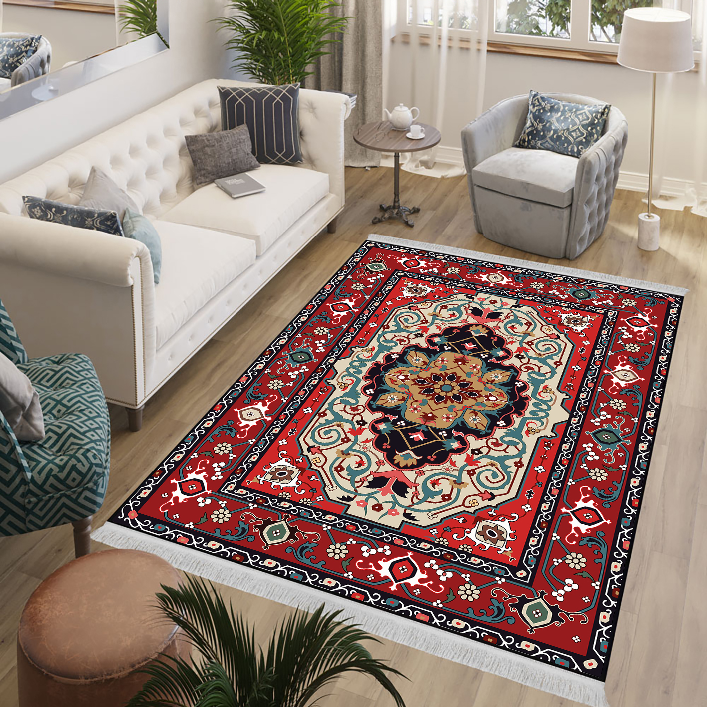 فرش چاپی سنتی رنگ لاکی و کرم WA-1738