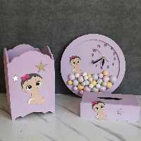 ست سطل آشغال جعبه دستمال کاغذی و ساعت چوبی طرح دختر بچه