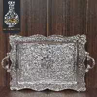 قلم زنی سینی چایخوری شش نفره دستساز قلم گل و طاووس  اعلاء سفید طرح نقره 