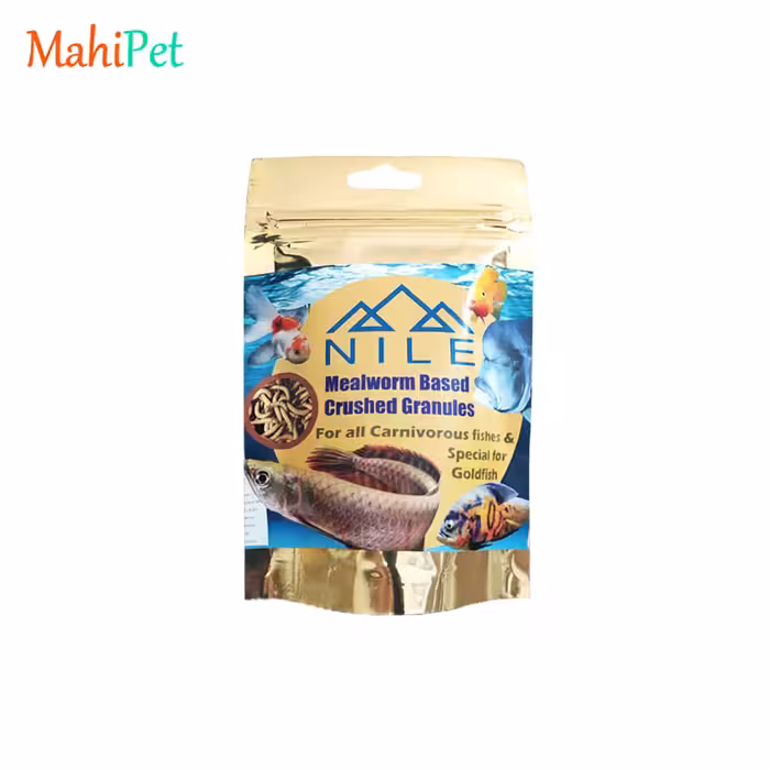 غذای ارگانیک ماهیان نیل برپایه میل ورم سایز 4 میلی متر بسته 25 گرمی