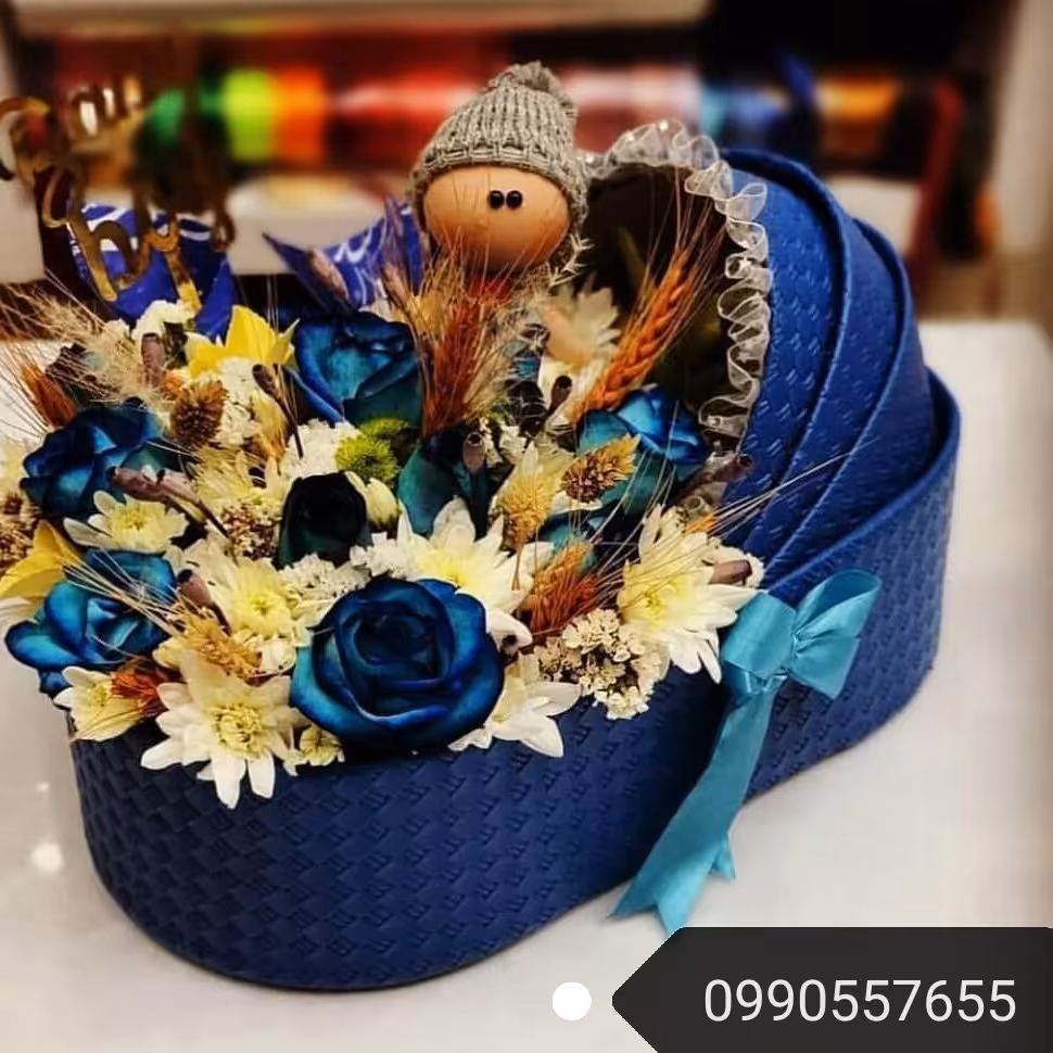 باکس چرم گهواره هدیه تولد نوزاد سورمه ای ساده سایز 45 در 25