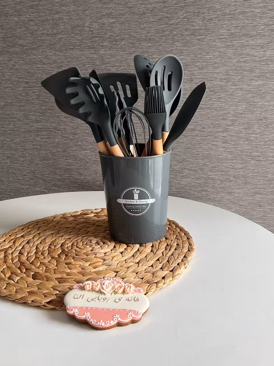 سرویس کفگیر ملاقه سیلیکونی دسته بامبو- 13 پارچه