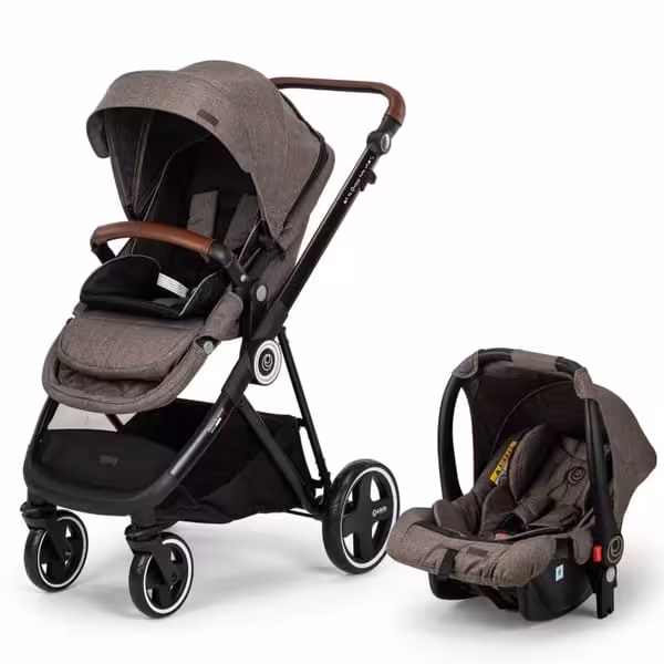 کالسکه کریرelele  مدل رنجر  رنگ کرم- طوسی  با چرم دوزی نچرال دسته و گارد کالسکه       elele ranger