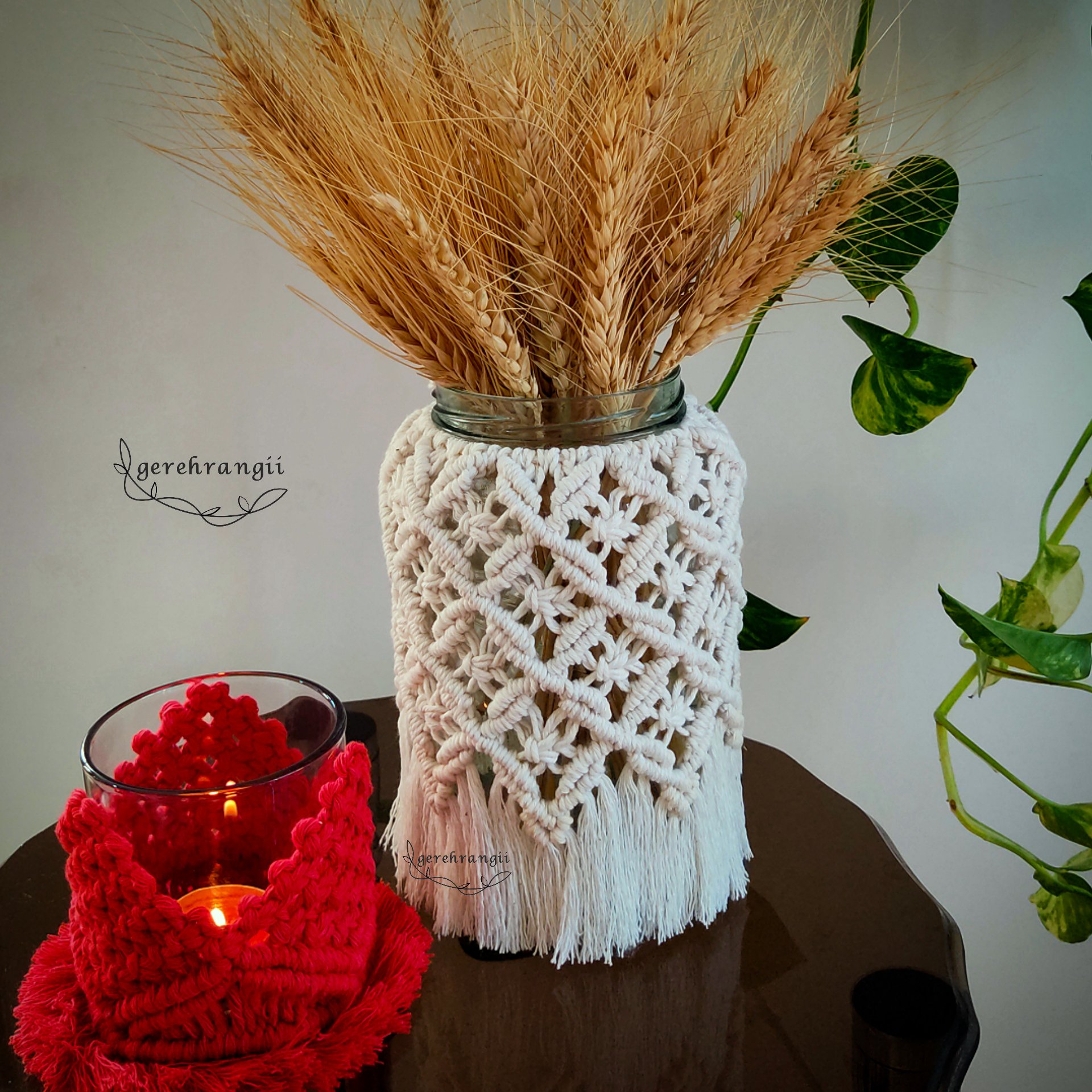 گلدان شیشه ای مکرومه سایز بزرگ