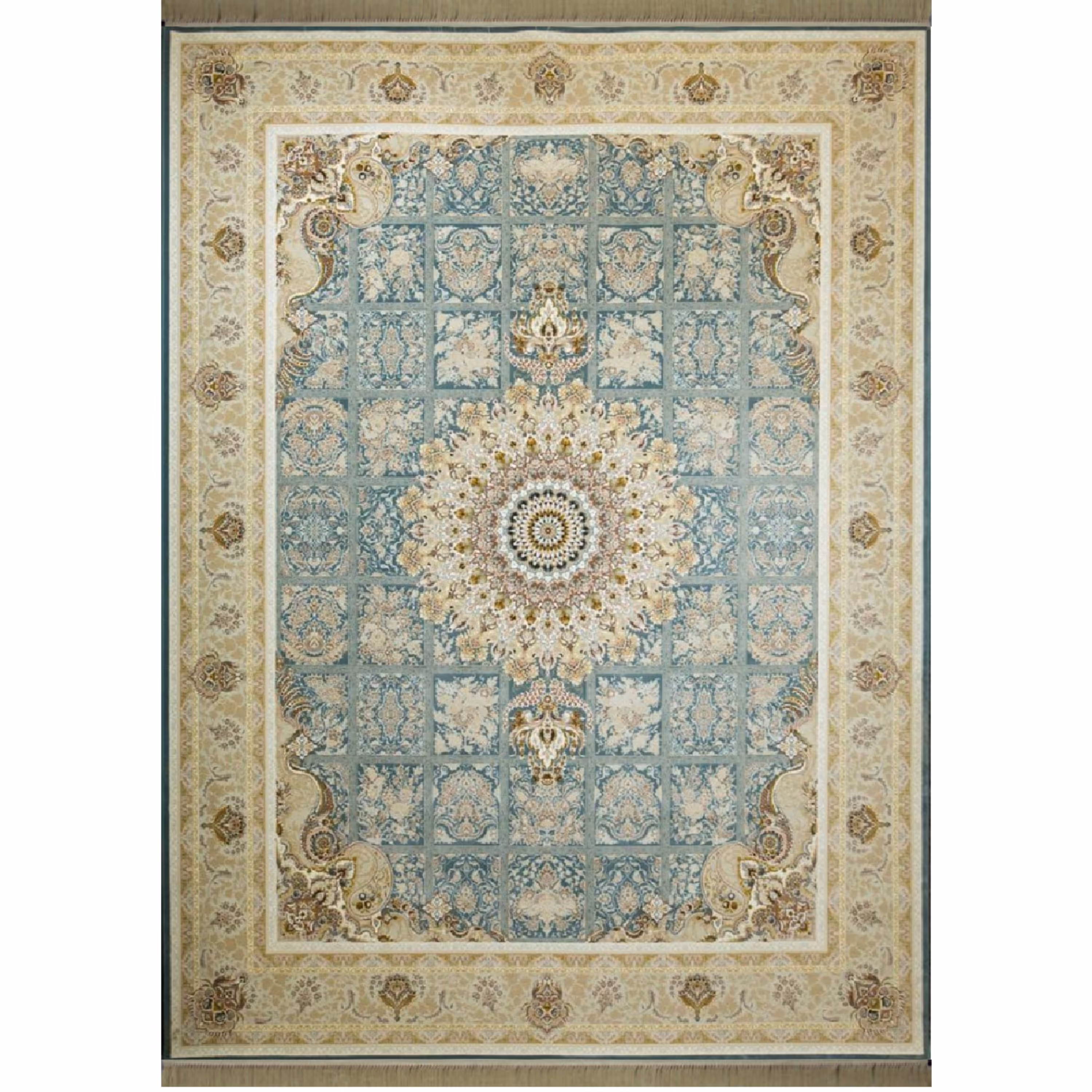 فرش ماشینی افرند 1500 شانه گل برجسته زمینه آبی کد 55015 (دوازده متری)