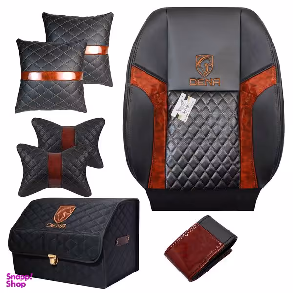 روکش صندلی خودرو سوشیانت طرح  چوب مناسب دنا به همراه پشت گردنی و کوسن و روکش فرمان و جعبه نظم دهنده